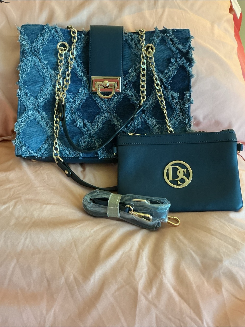 DASEIN Fringed Frayed Denim Tote with Removable Pouch and Strap NWOT